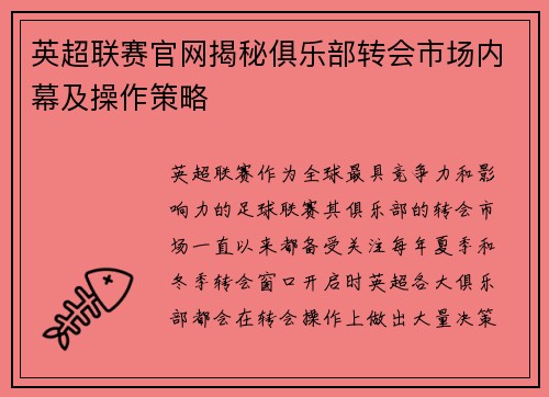 英超联赛官网揭秘俱乐部转会市场内幕及操作策略