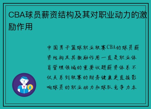 CBA球员薪资结构及其对职业动力的激励作用