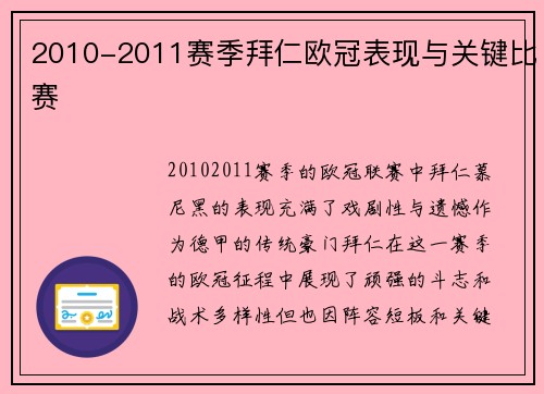 2010-2011赛季拜仁欧冠表现与关键比赛